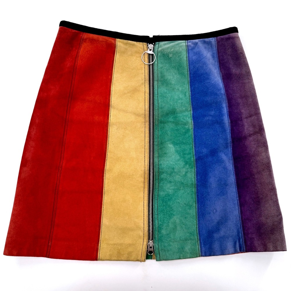 Vintage Rainbow Leather Suede Mini Skirt Womens 4 Multicolor Good  O-Ring Zip